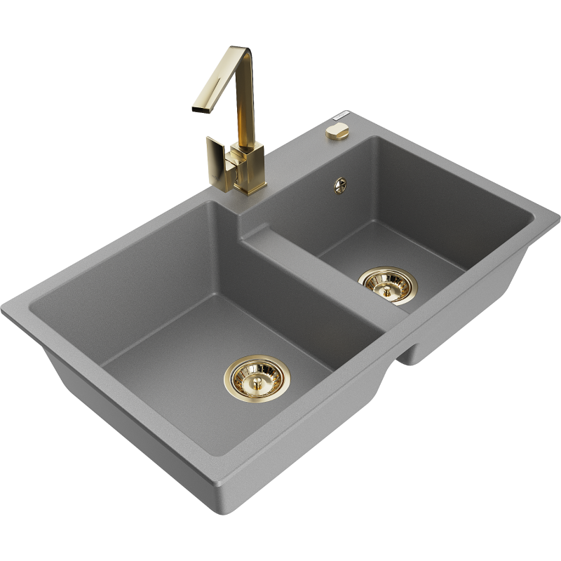 Mexen Tomas fregadero de granito de 2 cámaras con grifo de cocina Rita, gris - 6516-71-670300-50