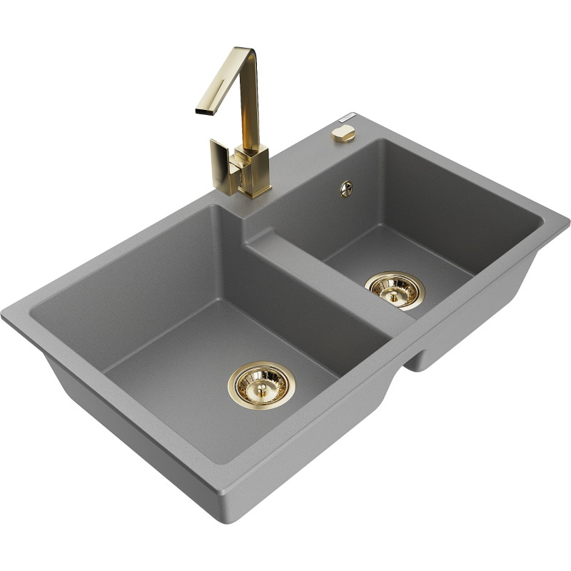 Mexen Tomas fregadero de granito de 2 compartimentos con grifo de cocina Rita, gris - 6516-71-670300-50