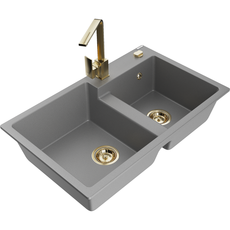 Mexen Tomas granite sink 2-bowl with Rita kitchen tap, grey - 6516-71-670300-50