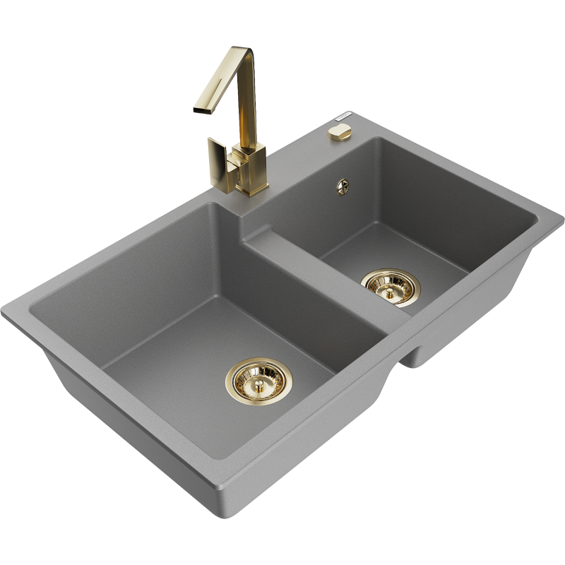 Mexen Tomas lava-loiça em granito de 2 compartimentos com misturadora de cozinha Rita, cinza - 6516-71-670300-50