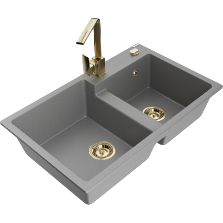 Mexen Tomas granite sink 2-bowl with Rita kitchen tap, grey - 6516-71-670300-50