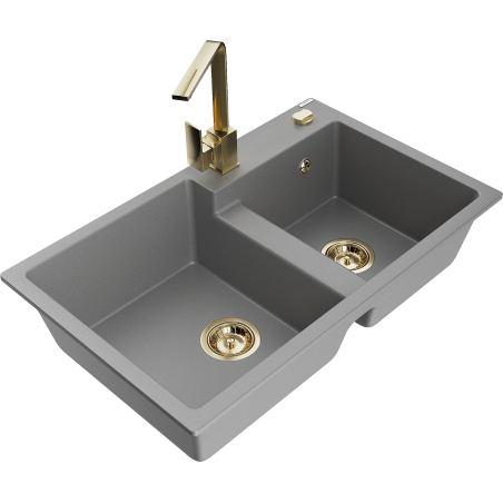 Mexen Tomas granitische dubbele wastafel met keukenmengkraan Rita, grijs - 6516-71-670300-50