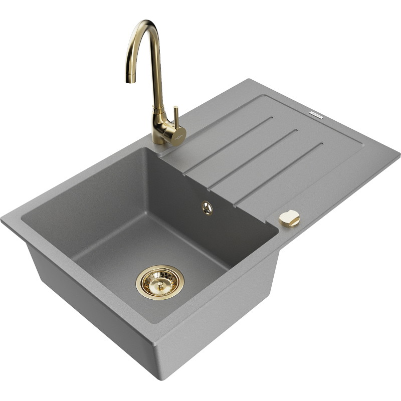 Mexen Bruno granitische spoelbak 1-kompartment met afdruiprek en keukenkraan Telma, grijs - 6513-71-670200-50