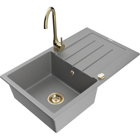 Mexen Bruno 1-bowl granite sink with drainer and Telma kitchen tap, grey - 6513-71-670200-50