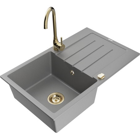 Mexen Bruno Granitspüle 1-gliedrig mit Abtropffläche und Küchenarmatur Telma, grau - 6513-71-670200-50