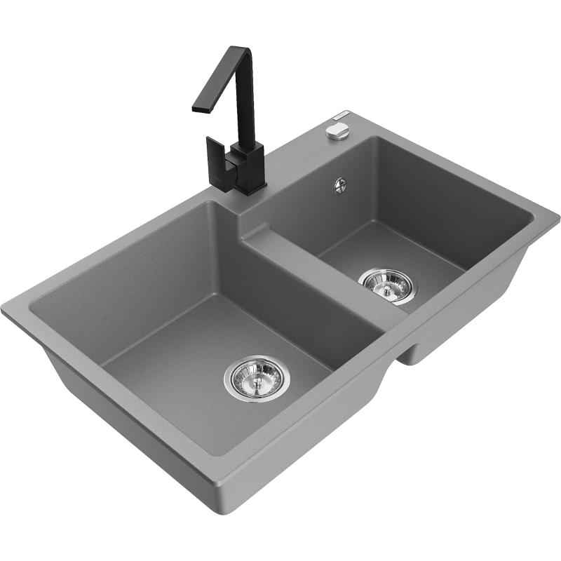 Mexen Tomas granite sink 2-bowl with Rita kitchen tap, grey - 6516-71-670300-70