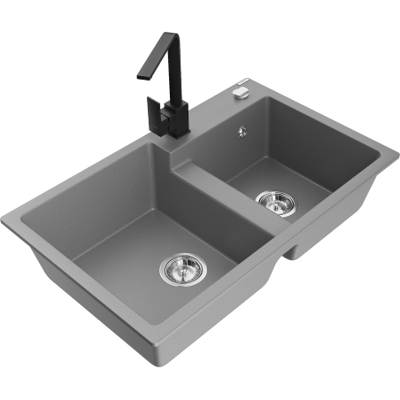 Mexen Tomas granite sink 2-bowl with Rita kitchen tap, grey - 6516-71-670300-70