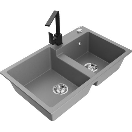 Mexen Tomas lava loiça de granito com 2 cubas com misturadora de cozinha Rita, cinzento - 6516-71-670300-70