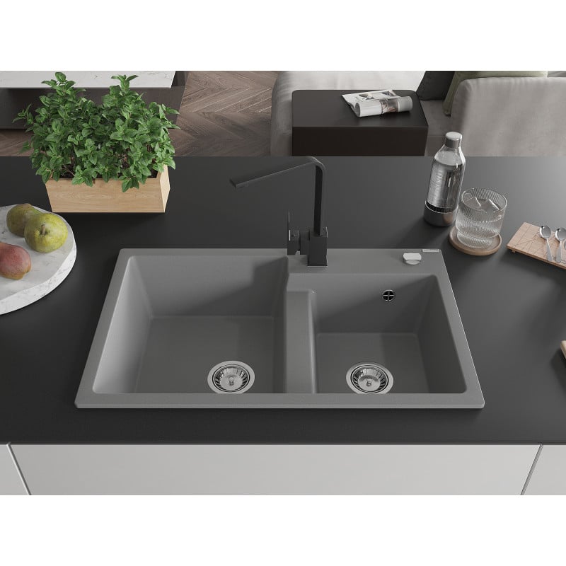 Mexen Tomas granite sink 2-bowl with Rita kitchen tap, grey - 6516-71-670300-70