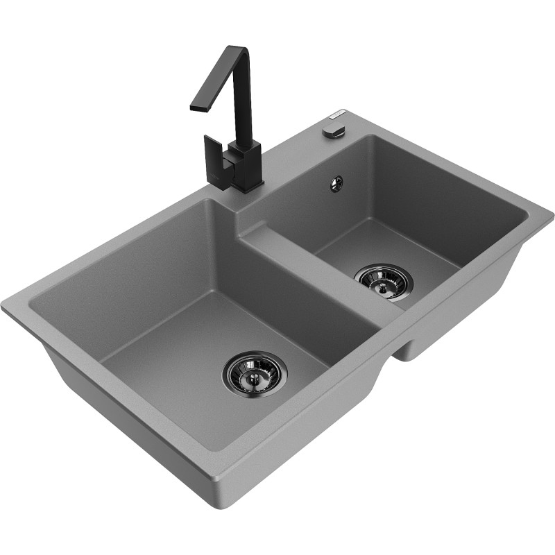 Mexen Tomas fregadero de granito de 2 senos con grifo de cocina Rita, gris - 6516-71-670300-70-B