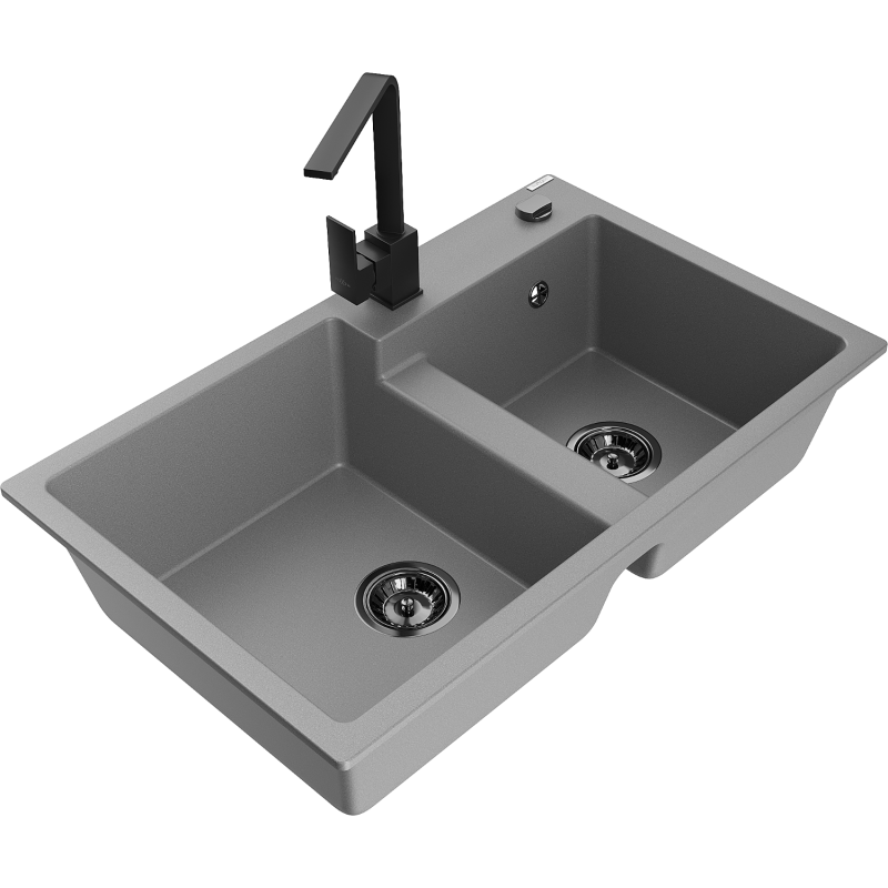 Mexen Tomas granite sink double-bowl with kitchen faucet Rita, grey - 6516-71-670300-70-B