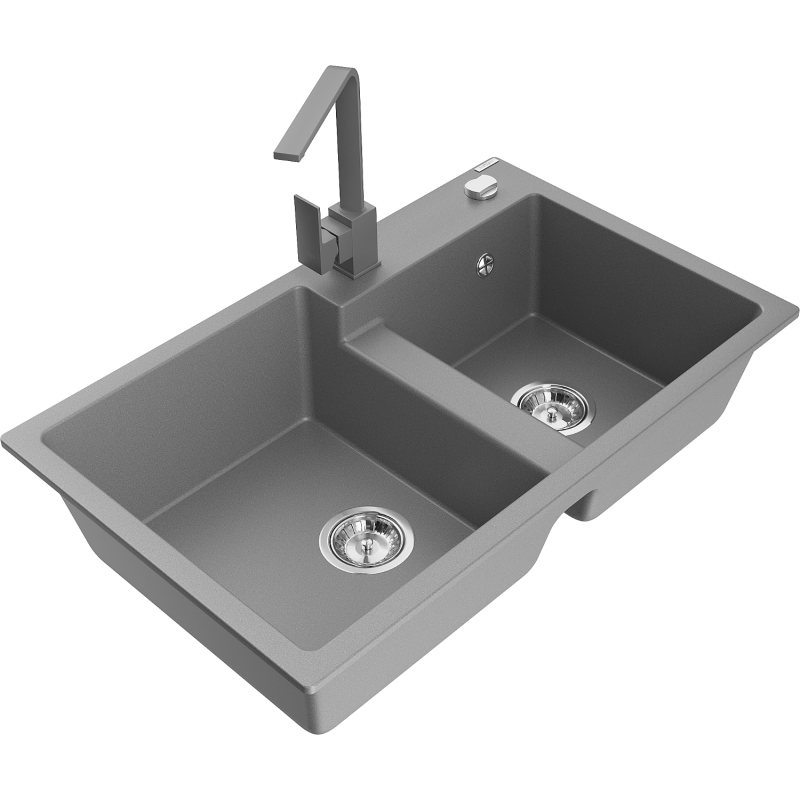 Mexen Tomas fregadero de granito de 2 compartimentos con grifo de cocina Rita, gris - 6516-71-670300-71