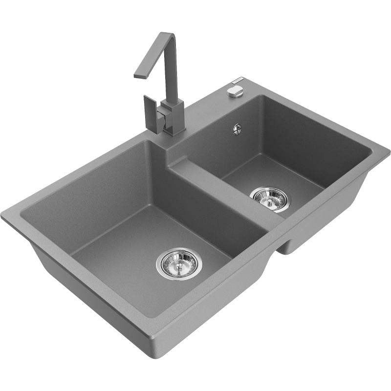 Mexen Tomas granite sink 2-chamber with kitchen tap Rita, grey - 6516-71-670300-71