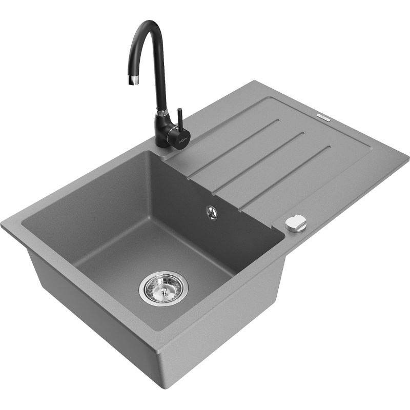 Mexen Bruno 1-bowl granite sink with drainer and Telma kitchen tap, grey - 6513-71-670200-70