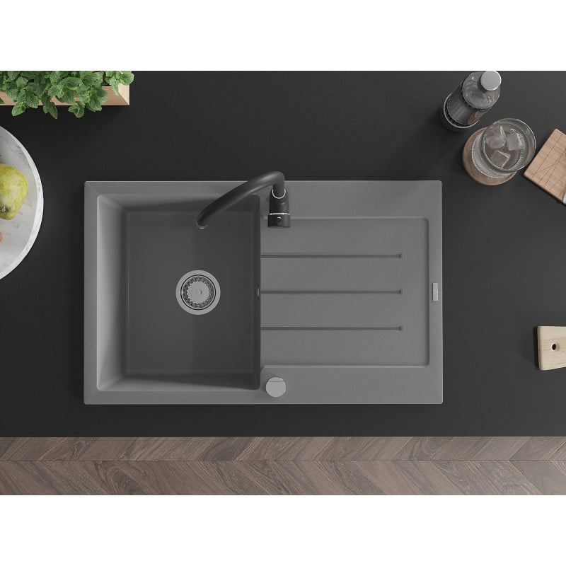 Mexen Bruno 1-bowl granite sink with drainer and Telma kitchen tap, grey - 6513-71-670200-70