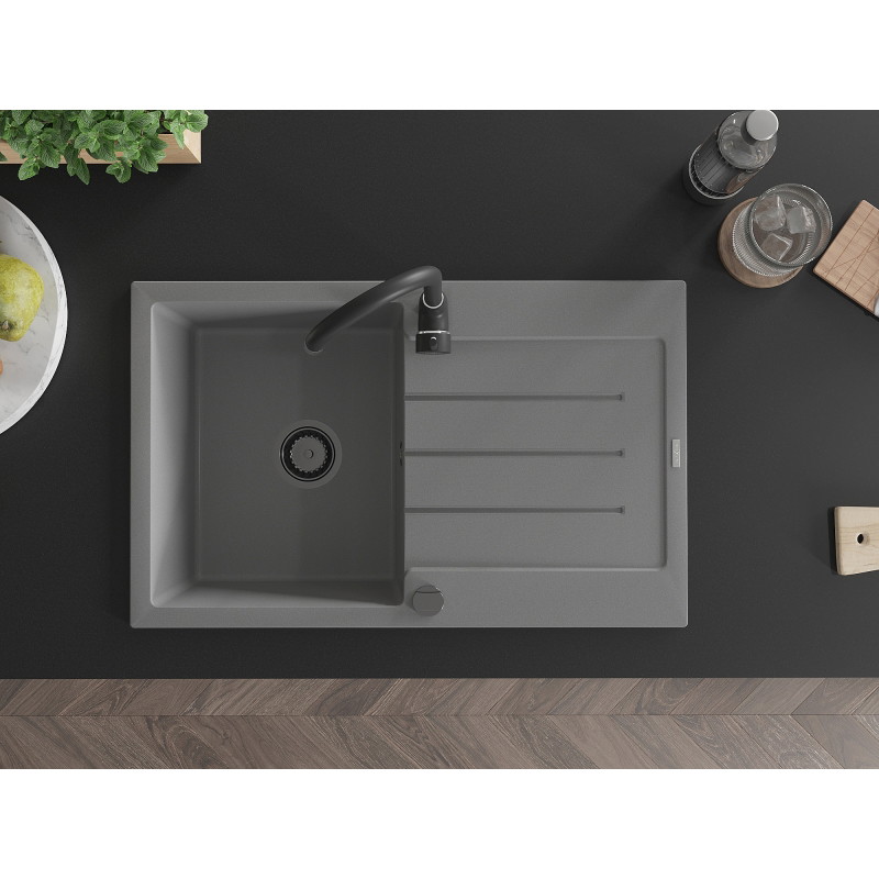 Mexen Bruno fregadero de granito de 1 cámara con escurridor y grifo de cocina Telma, gris - 6513-71-670200-70-B