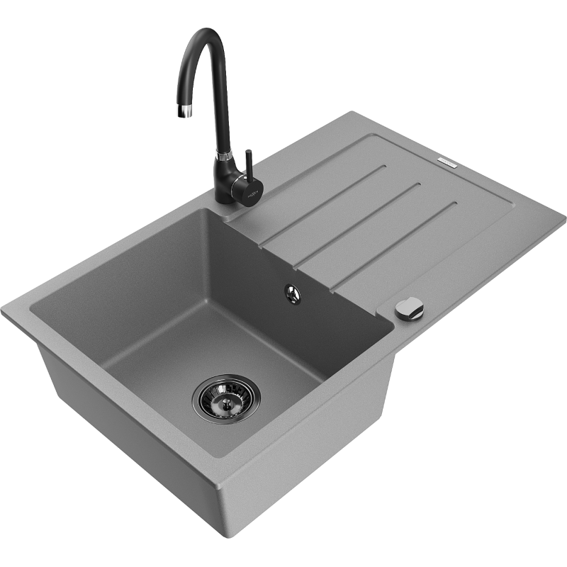 Mexen Bruno 1-bowl granite sink with drainer and kitchen tap Telma, grey - 6513-71-670200-70-B