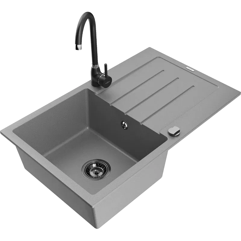 Mexen Bruno évier en granit 1 bac avec égouttoir et robinet de cuisine Telma, gris - 6513-71-670200-70-B