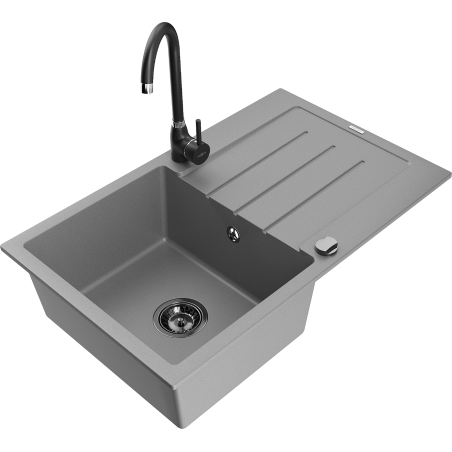 Mexen Bruno 1-bowl granite sink with drainer and kitchen tap Telma, grey - 6513-71-670200-70-B