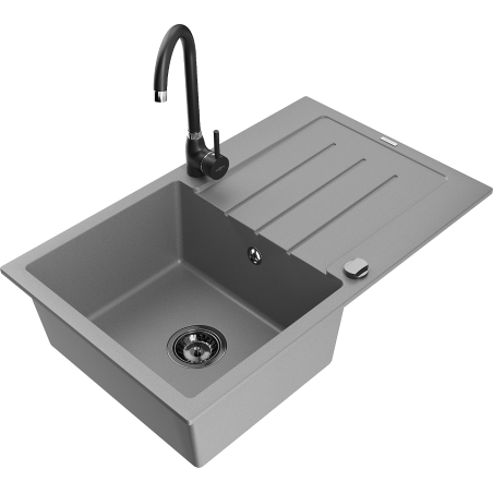 Mexen Bruno 1-komorige granieten spoelbak met afdruiprek en keukenkraan Telma, grijs - 6513-71-670200-70-B