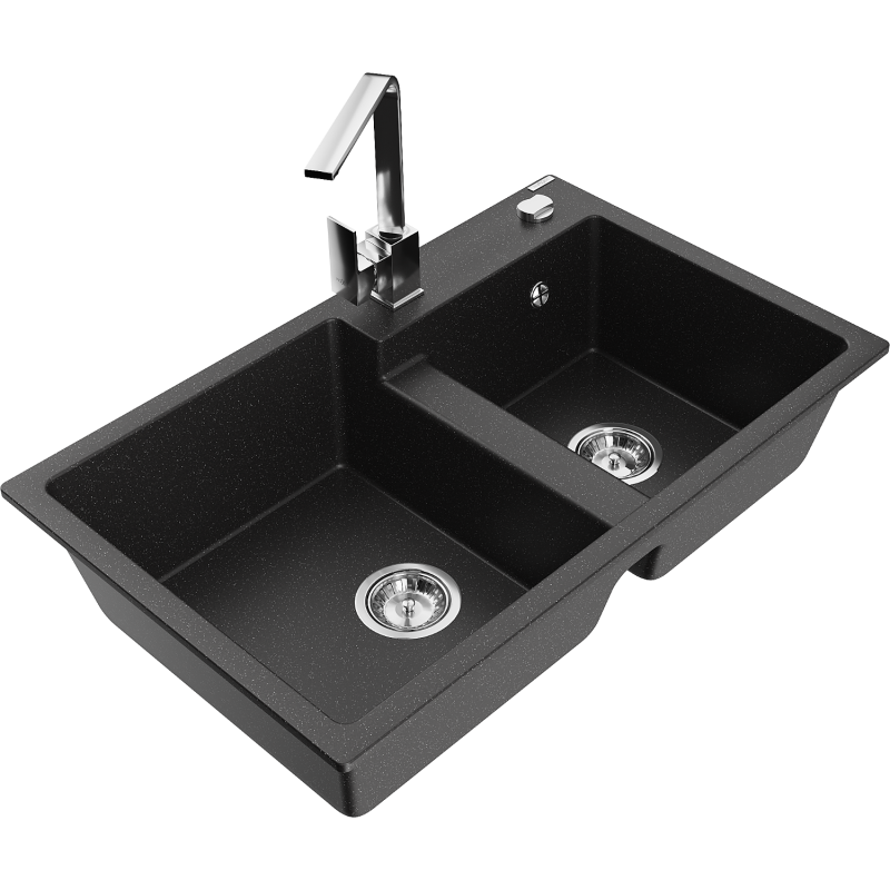 Mexen Tomas granite sink 2-bowl with kitchen tap Rita, black/silver metallic - 6516-73-670300-00
