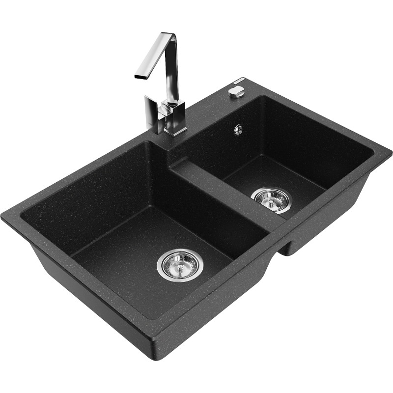 Mexen Tomas granitspüle 2-becken mit küchenarmatur Rita, schwarz/silber metallic - 6516-73-670300-00
