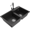 Mexen Tomas granite sink 2-bowl with kitchen tap Rita, black/silver metallic - 6516-73-670300-00