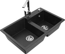 Mexen Tomas granitizlietne izlietne ar 2 nodalījumiem un virtuves maisītāju Rita, melna/sudraba metālika - 6516-73-670300-00