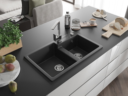 Mexen Tomas granieten gootsteen met 2 kamers en Rita keukenkraan, zwart/zilver metallic - 6516-73-670300-00