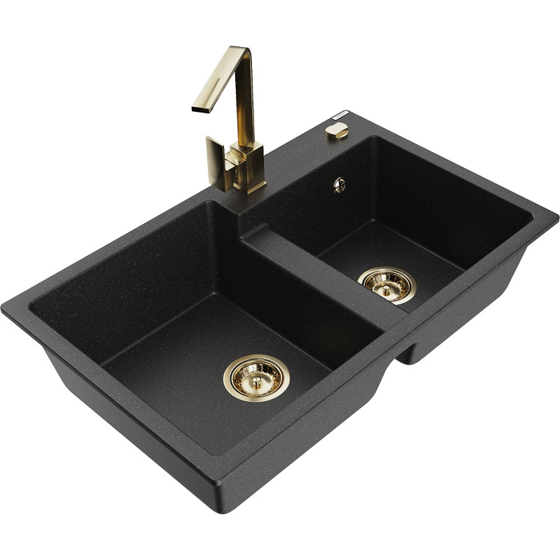 Mexen Tomas fregadero de granito de 2 cubetas con grifo de cocina Rita, negro/plateado metalizado - 6516-73-670300-50