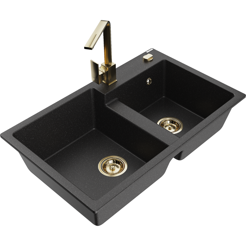 Mexen Tomas granieten spoelbak 2-delig met keukenmengkraan Rita, zwart/zilver metallic - 6516-73-670300-50