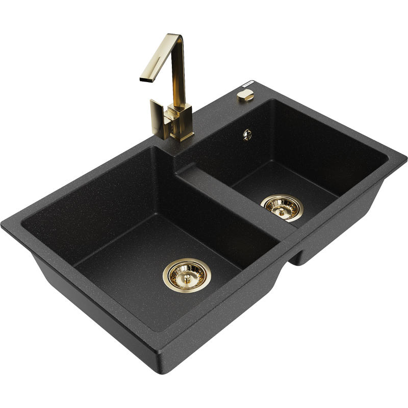 Mexen Tomas granite sink 2-bowl with Rita kitchen tap, black/silver metallic - 6516-73-670300-50
