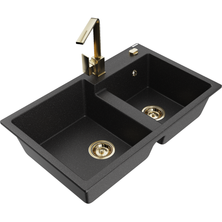 Mexen Tomas fregadero de granito de 2 cubetas con grifo de cocina Rita, negro/plateado metalizado - 6516-73-670300-50