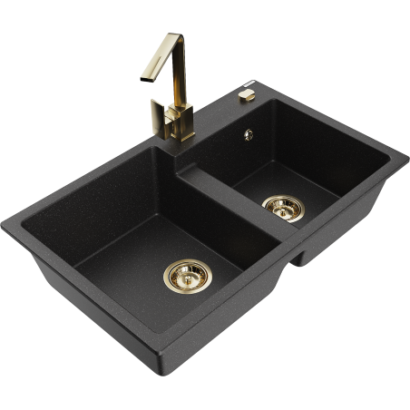 Mexen Tomas granite sink 2-bowl with Rita kitchen tap, black/silver metallic - 6516-73-670300-50