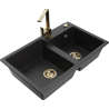 Mexen Tomas granite sink 2-bowl with Rita kitchen tap, black/silver metallic - 6516-73-670300-50