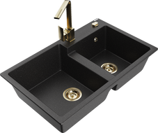 Mexen Tomas lavello in granito a 2 vasche con rubinetto da cucina Rita, nero/argento metallizzato - 6516-73-670300-50
