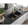 Mexen Tomas granite sink 2-bowl with Rita kitchen tap, black/silver metallic - 6516-73-670300-50