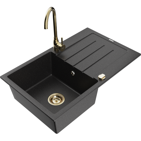 Mexen Bruno Granitspüle 1-becken mit Abtropffläche und Küchenarmatur Telma, schwarz/silber - 6513-73-670200-50