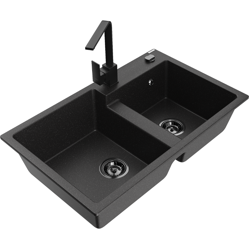 Mexen Tomas fregadero de granito de 2 cubetas con grifo de cocina Rita, negro/plateado metálico - 6516-73-670300-70-B