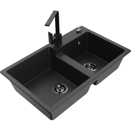 Mexen Tomas fregadero de granito de 2 cubetas con grifo de cocina Rita, negro/plateado metálico - 6516-73-670300-70-B