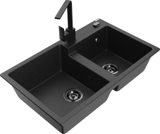 Mexen Tomas Granit Kichelleng Lavabo mat 2-Fach mat Rita, schwaarz/sëlwermetallesch - 6516-73-670300-70-B