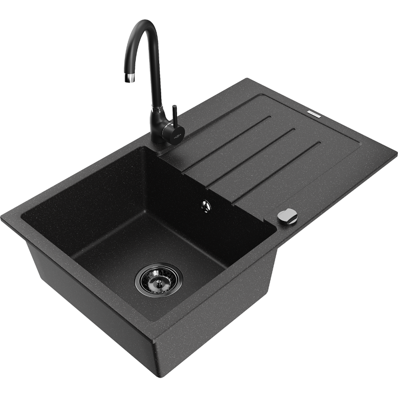 Mexen Bruno lava-loiça de granito de 1 cuba com escorredor e torneira de cozinha Telma, preto/prateado - 6513-73-670200-70-B