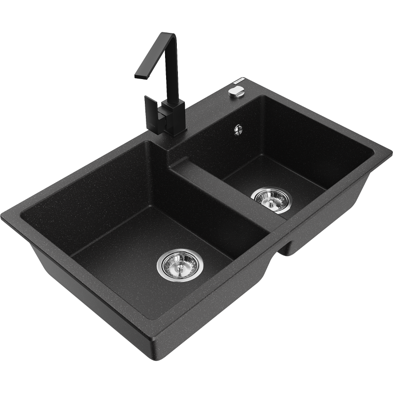 Mexen Tomas 2-bowl granite kitchen sink with Rita kitchen tap, black/silver metallic - 6516-73-670300-70