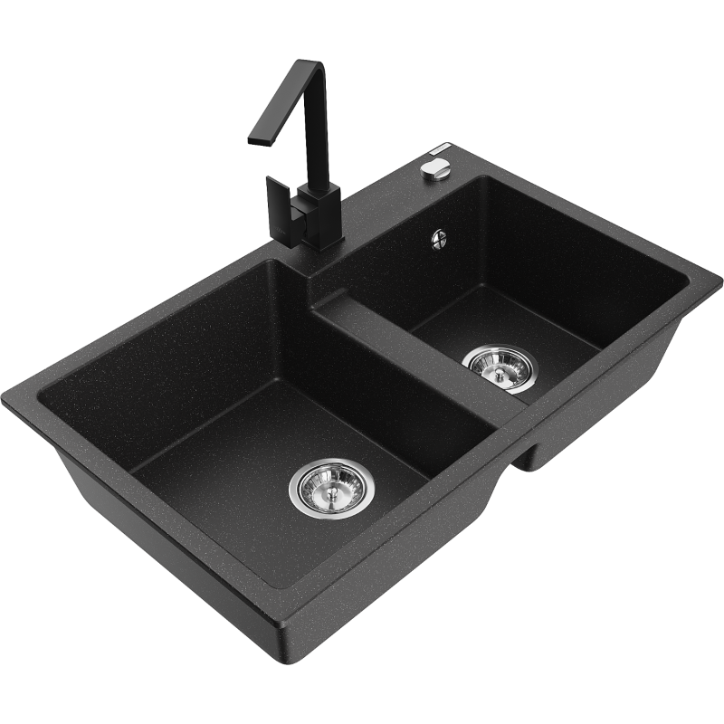 Mexen Tomas lavello in granito a 2 vasche con rubinetto da cucina Rita, nero/argento metallizzato - 6516-73-670300-70