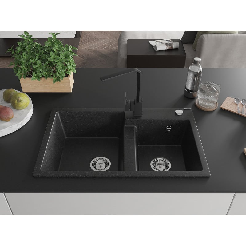 Mexen Tomas 2-bowl granite kitchen sink with Rita kitchen tap, black/silver metallic - 6516-73-670300-70