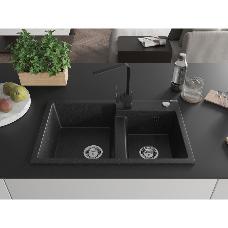 Mexen Tomas tweekamerige granieten gootsteen met keukenkraan Rita, zwart/zilver metallic - 6516-73-670300-70