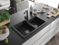 Mexen Tomas lavello in granito a 2 vasche con rubinetto da cucina Rita, nero/argento metallizzato - 6516-73-670300-70