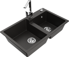 Mexen Tomas dvokomorni granitni pomivalnik s kuhinjsko armaturo Rita, črn/zlati metalik - 6516-75-670300-00