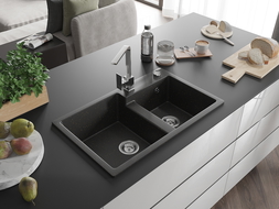 Mexen Tomas granieten gootsteen met 2 kuipen en keukenmengkraan Rita, zwart/goud metallic - 6516-75-670300-00