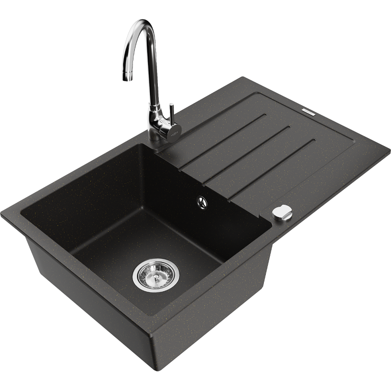 Mexen Bruno granite sink 1-bowl with drainer and Telma kitchen tap, black/gold - 6513-75-670200-00